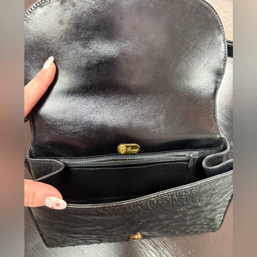Gucci Black Ostrich-Texture Shoulder Bag with Gold Hardware - Picture 4 of 6